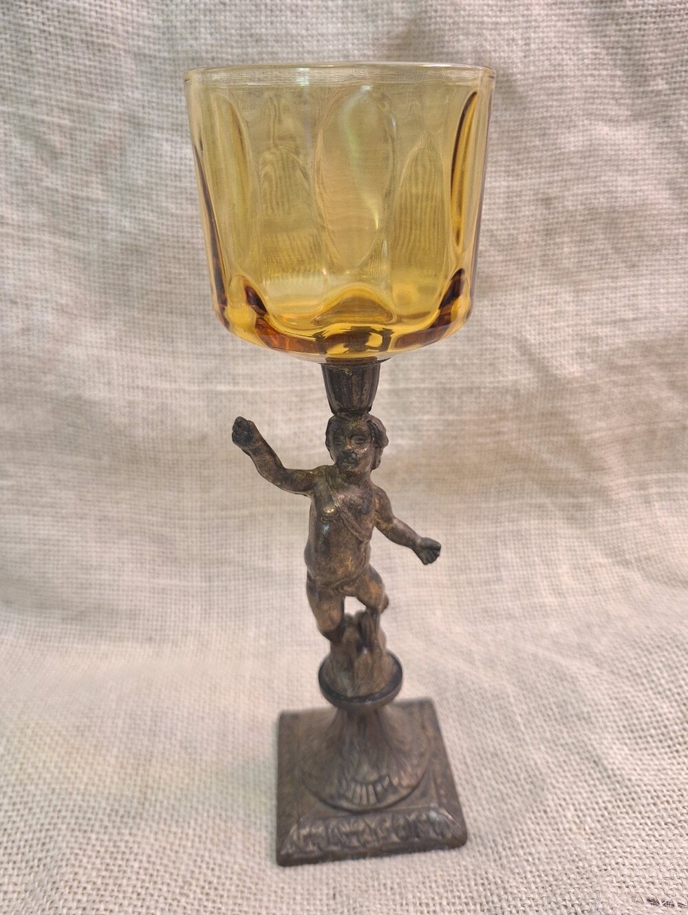 Vintage Amber Glass, Cast Metal, Cherub Votive